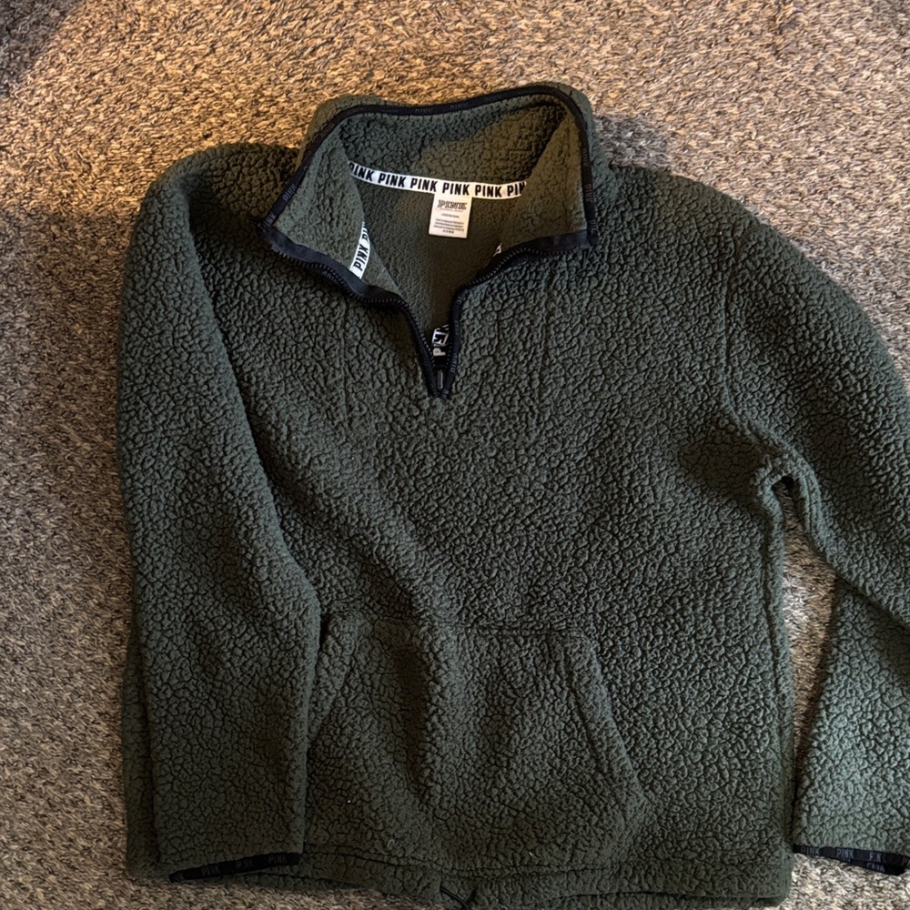 PINK Victoria's Secret Forest Green Fleece Zip-Up Sweater